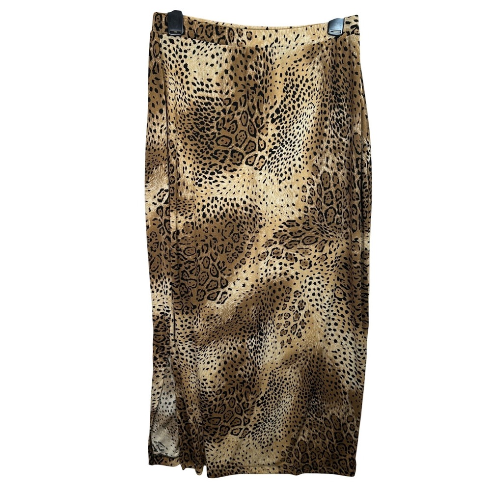 Notations Women Leopard Animal Print Maxi Skirt Brown Side Slit Size M Y2K